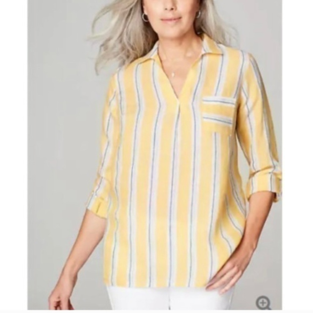 J.JILL 'LOVE LINEN' Daisy Multi TAB-SLEEVE PULL-OVER SHIRT Sz M